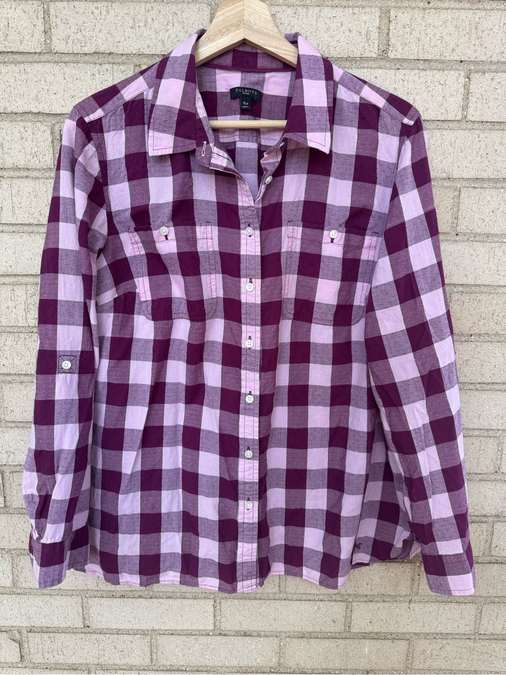 Talbots Purple Gingham Plaid Button-Down Shirt Cotton Rolltab XL Pet